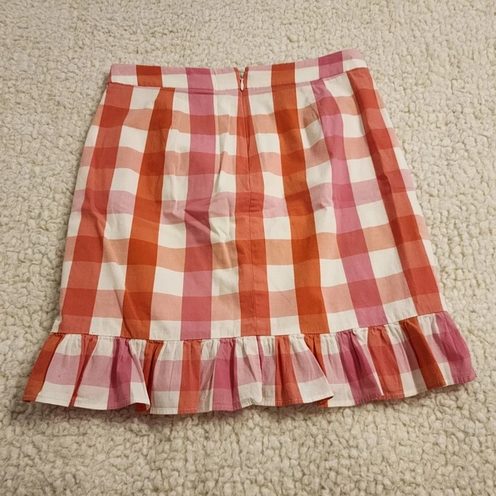 J. CREW pink orange and white‎ plaid ruffled skirt size 0